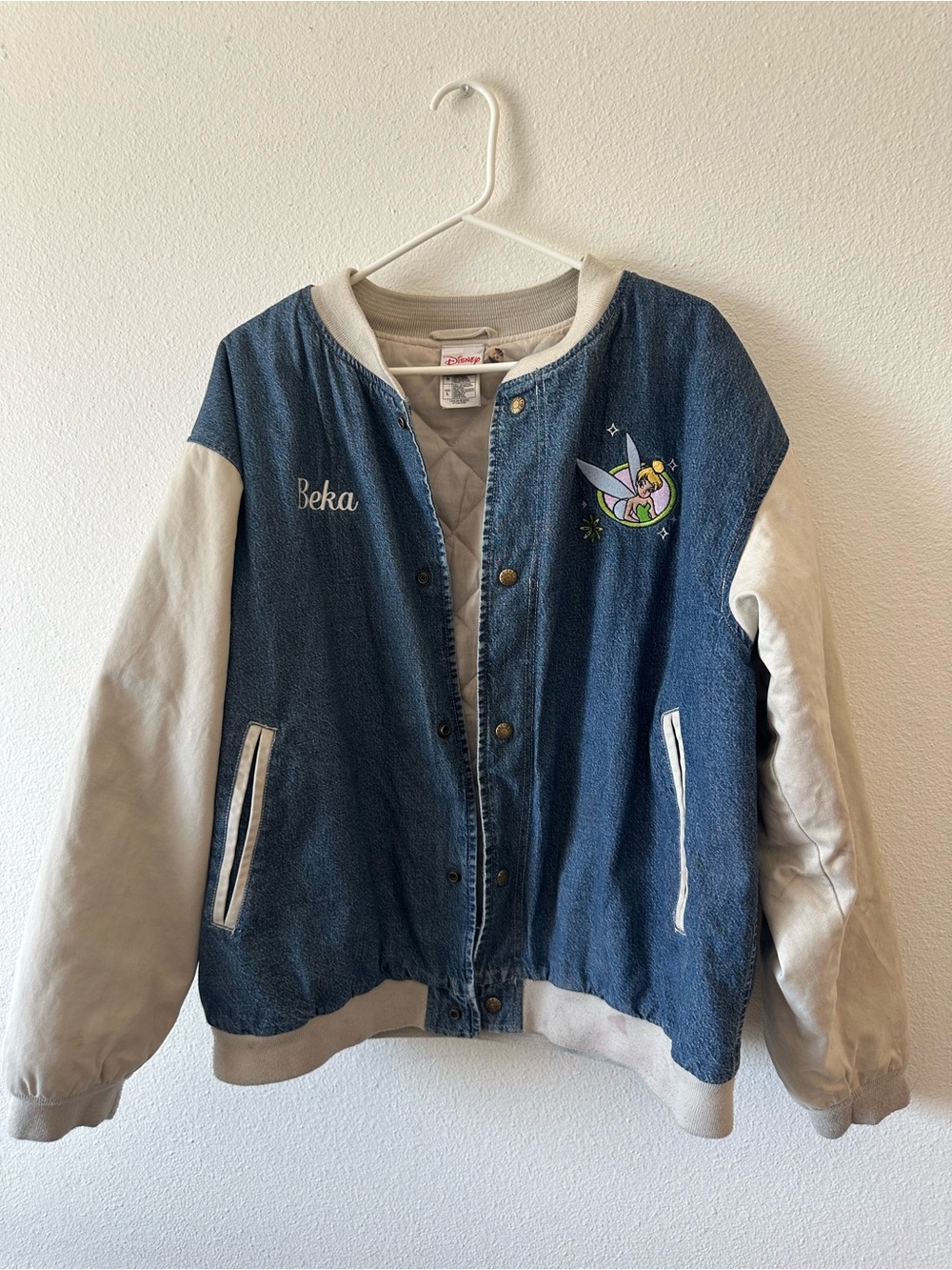 Vintage Disney Tinker Bell Denim Varsity Jacket Size L Embroidered